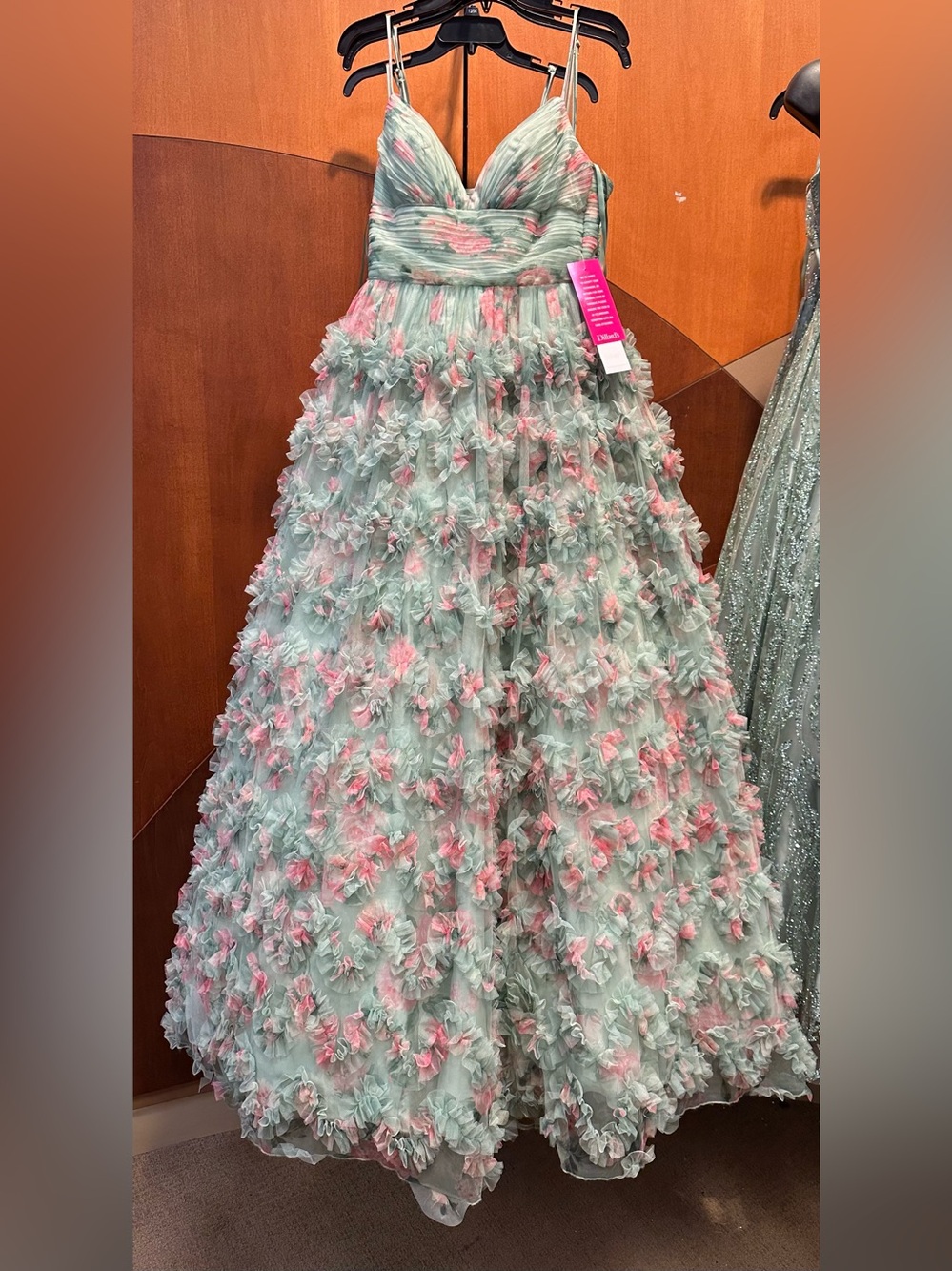 B. Darlin Green Floral Ruffle Gown with Pink Accents ball gown formal dress